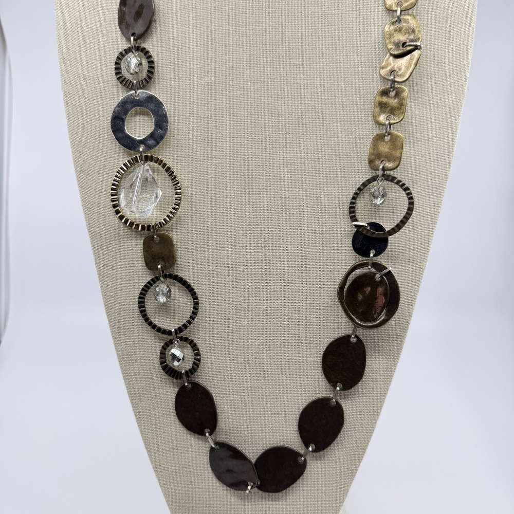 Statement Mixed Metal Link Necklace Bronze & Silver Tone Crystal Boho Chic Gift
